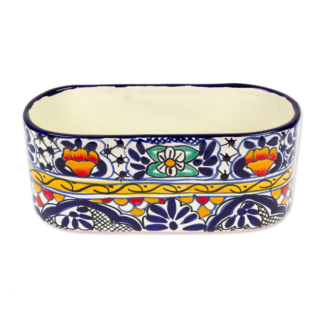Handcrafted and Painted Talavera Style Ceramic Flower Pot - Cobalt Flowers