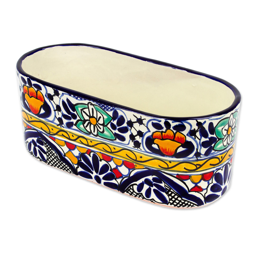 Handcrafted and Painted Talavera Style Ceramic Flower Pot - Cobalt Flowers