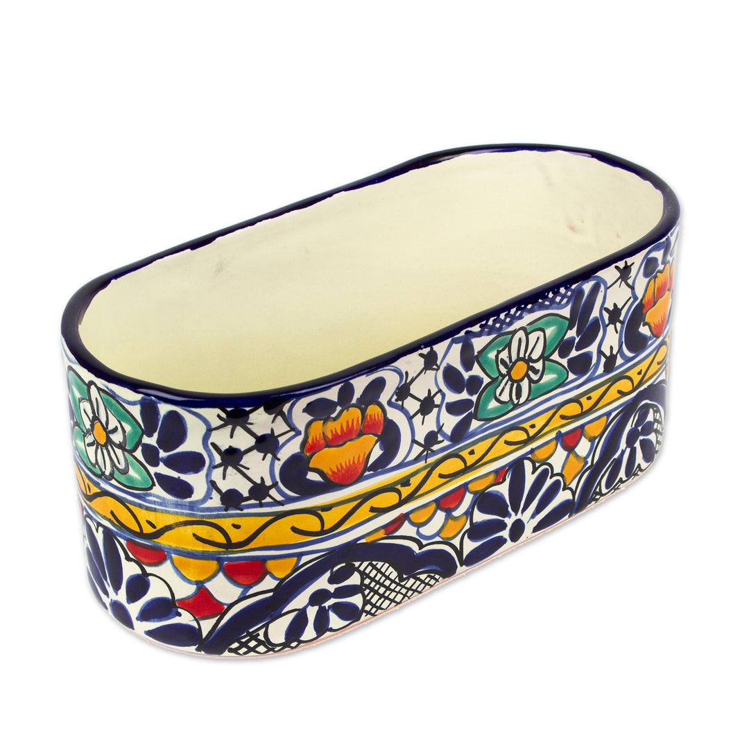Handcrafted and Painted Talavera Style Ceramic Flower Pot - Cobalt Flowers