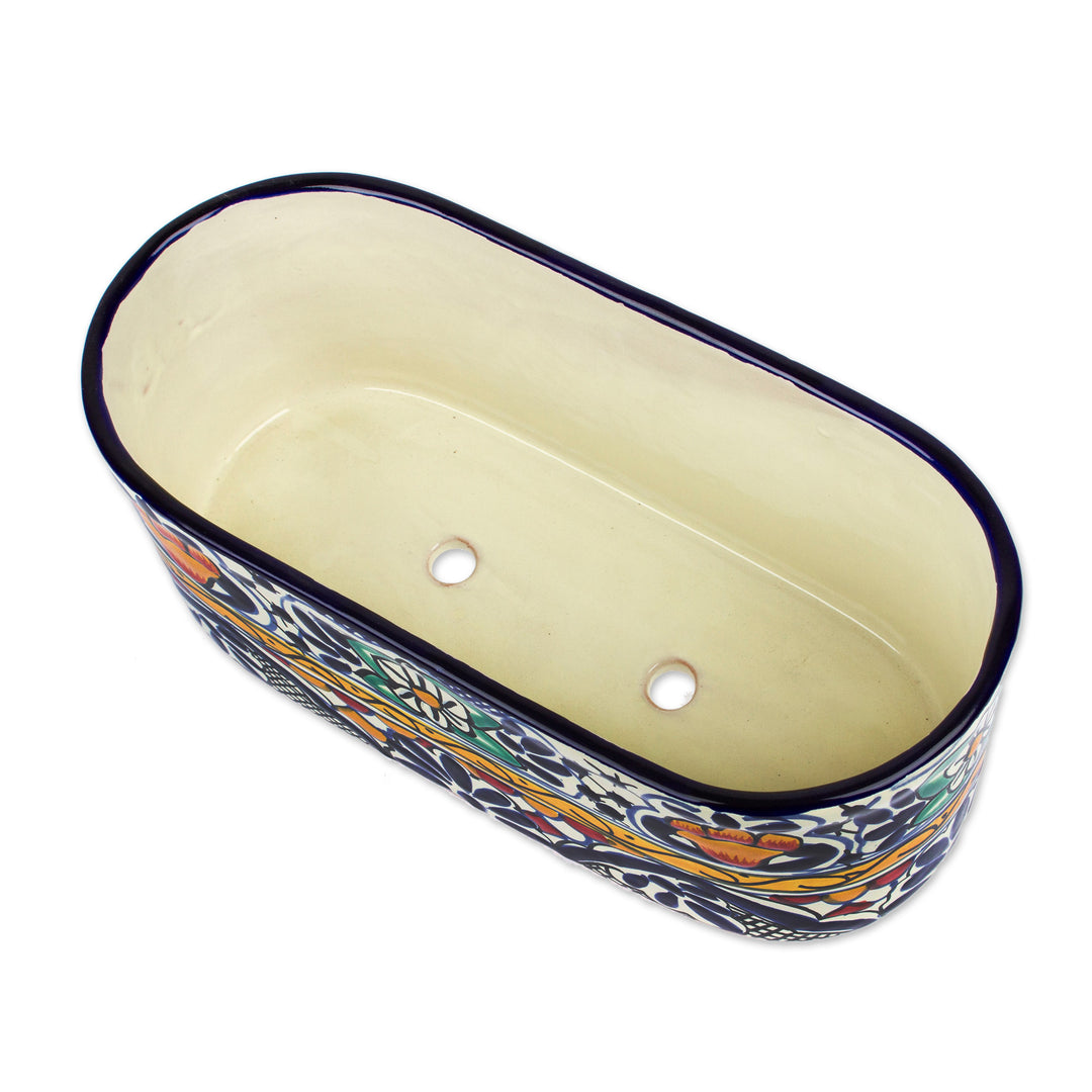 Handcrafted and Painted Talavera Style Ceramic Flower Pot - Cobalt Flowers