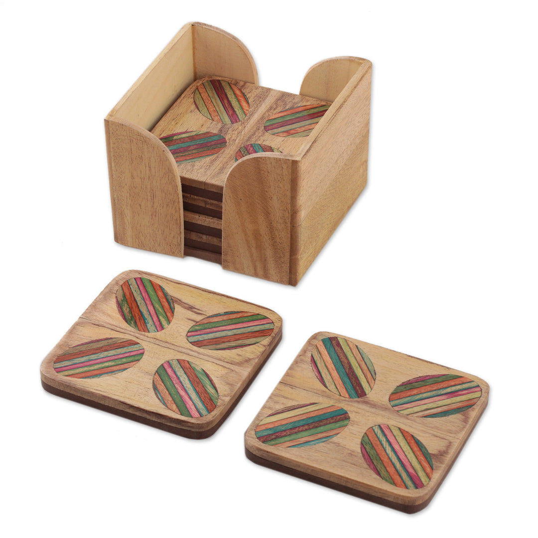 Striped Hand-Carved 6-Piece Mango and Haldu Wood Coaster Set - Vivid Petals