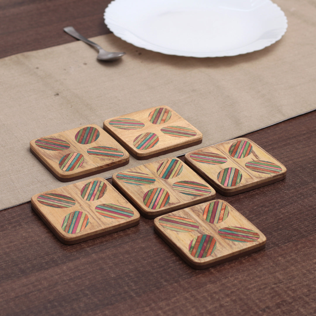 Striped Hand-Carved 6-Piece Mango and Haldu Wood Coaster Set - Vivid Petals