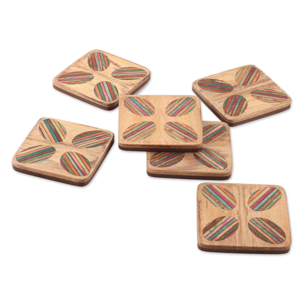 Striped Hand-Carved 6-Piece Mango and Haldu Wood Coaster Set - Vivid Petals
