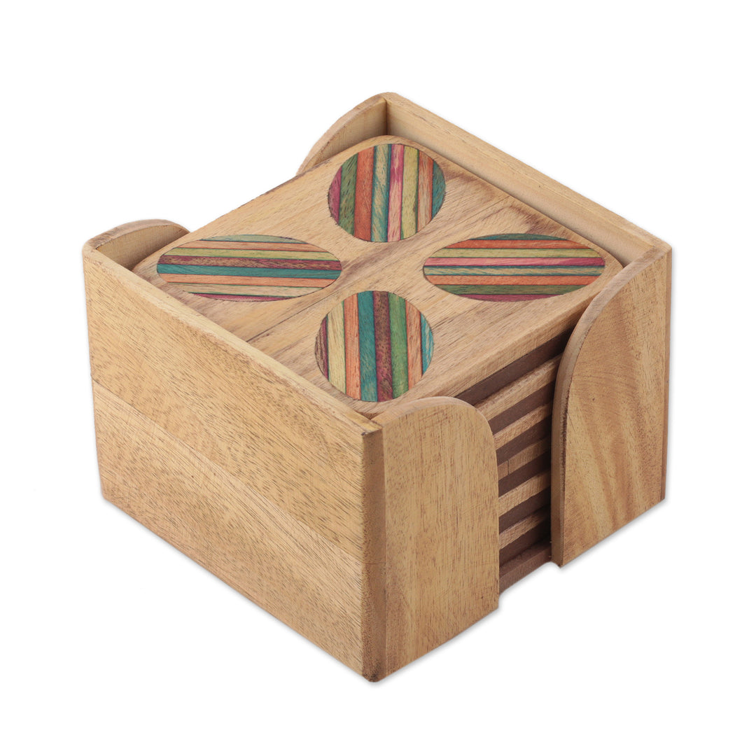 Striped Hand-Carved 6-Piece Mango and Haldu Wood Coaster Set - Vivid Petals