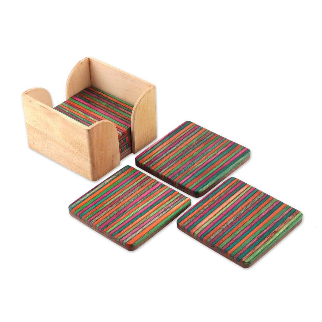 Handmade Striped 6-Piece Mango and Haldu Wood Coaster Set - Elixir in Colors