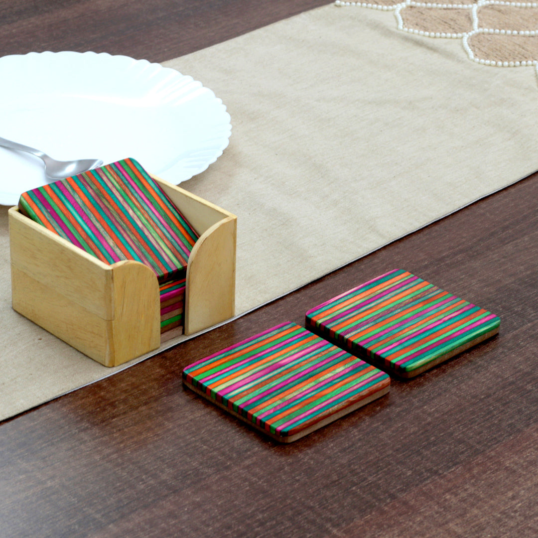Handmade Striped 6-Piece Mango and Haldu Wood Coaster Set - Elixir in Colors