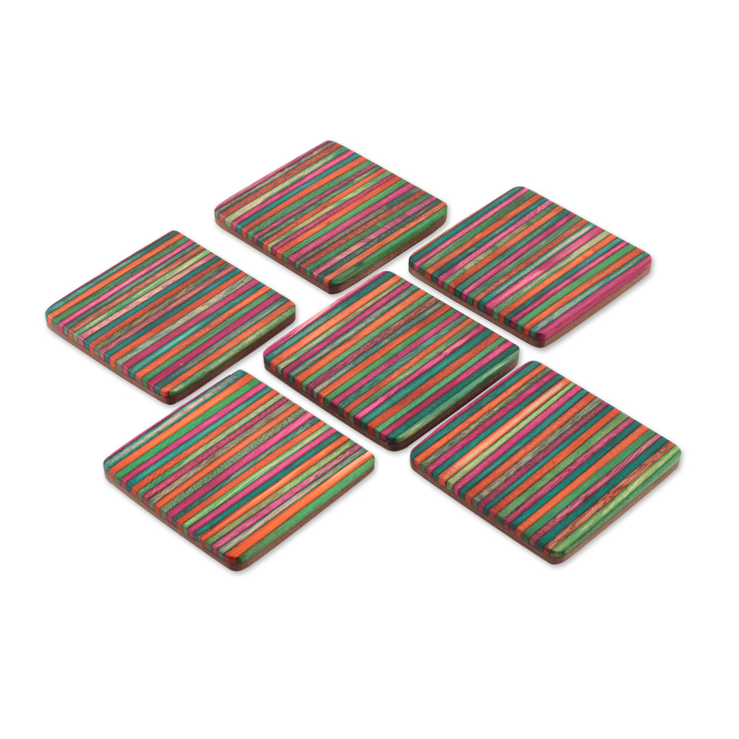 Handmade Striped 6-Piece Mango and Haldu Wood Coaster Set - Elixir in Colors