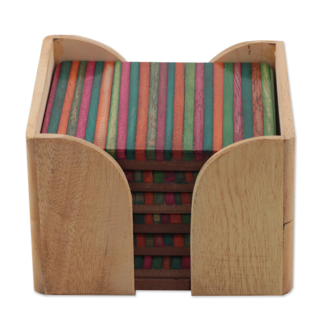 Handmade Striped 6-Piece Mango and Haldu Wood Coaster Set - Elixir in Colors