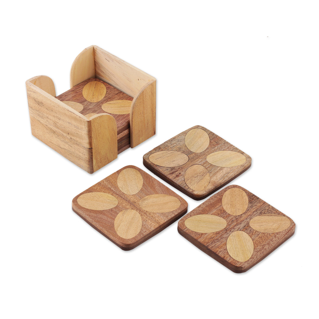 Floral-Inspired Hand-Carved 6-Piece Natural Wood Coaster Set - Blissful Petals