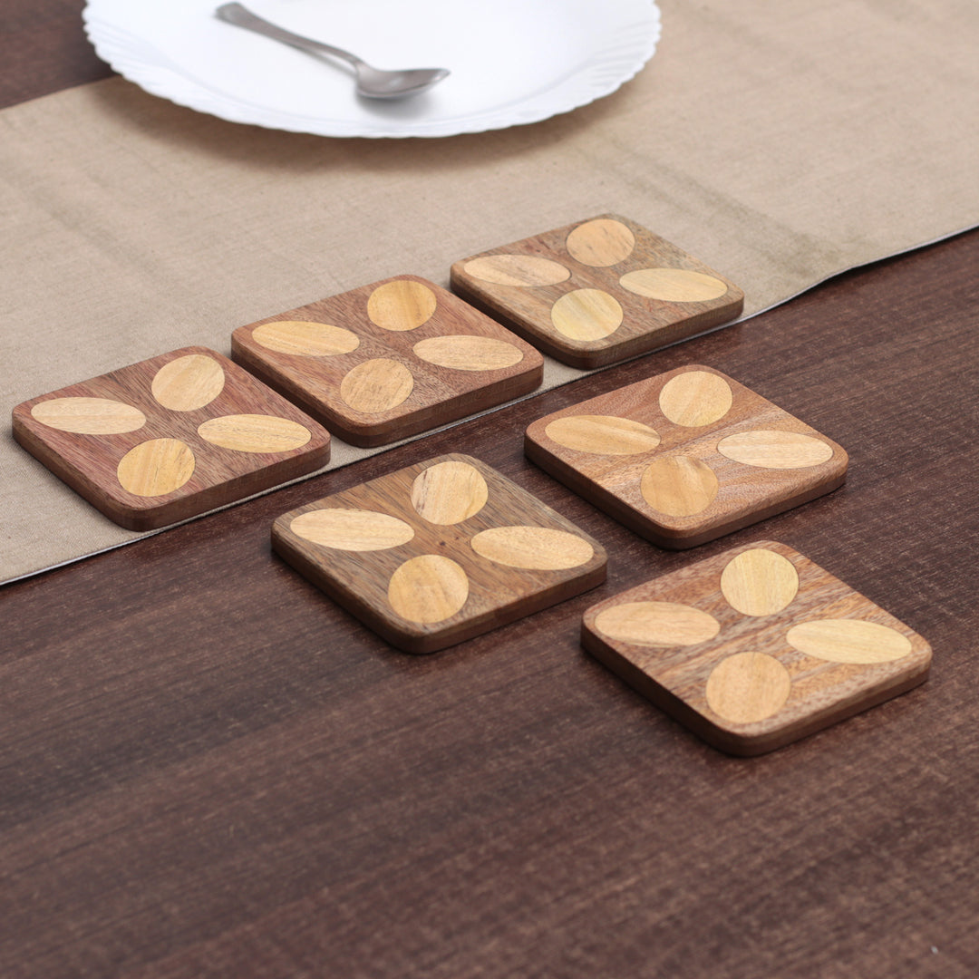 Floral-Inspired Hand-Carved 6-Piece Natural Wood Coaster Set - Blissful Petals