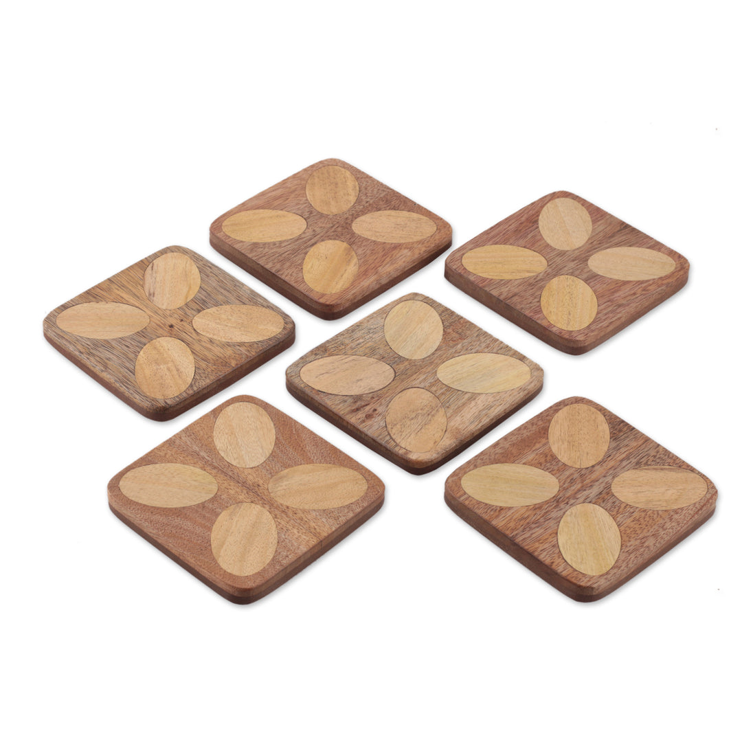 Floral-Inspired Hand-Carved 6-Piece Natural Wood Coaster Set - Blissful Petals