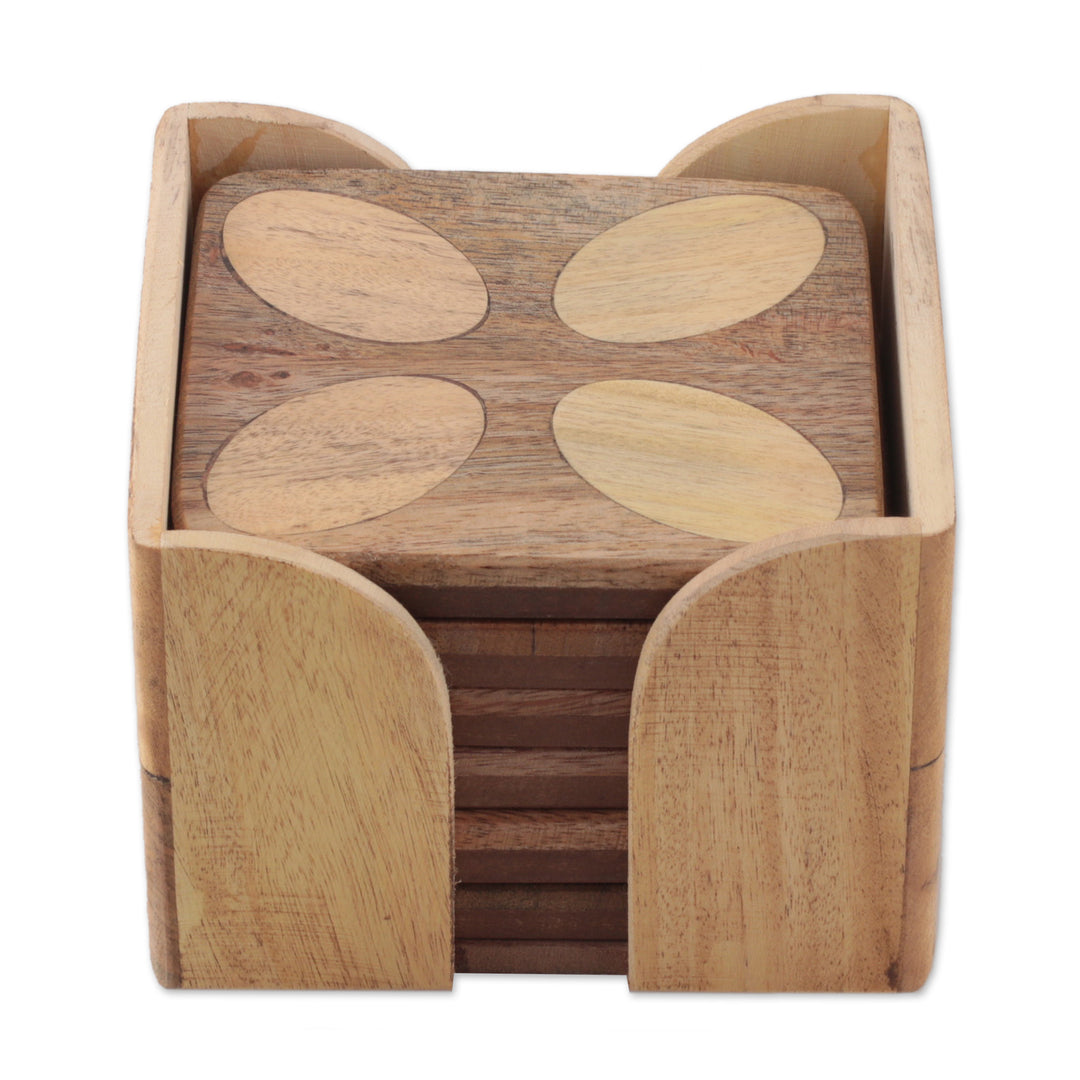 Floral-Inspired Hand-Carved 6-Piece Natural Wood Coaster Set - Blissful Petals