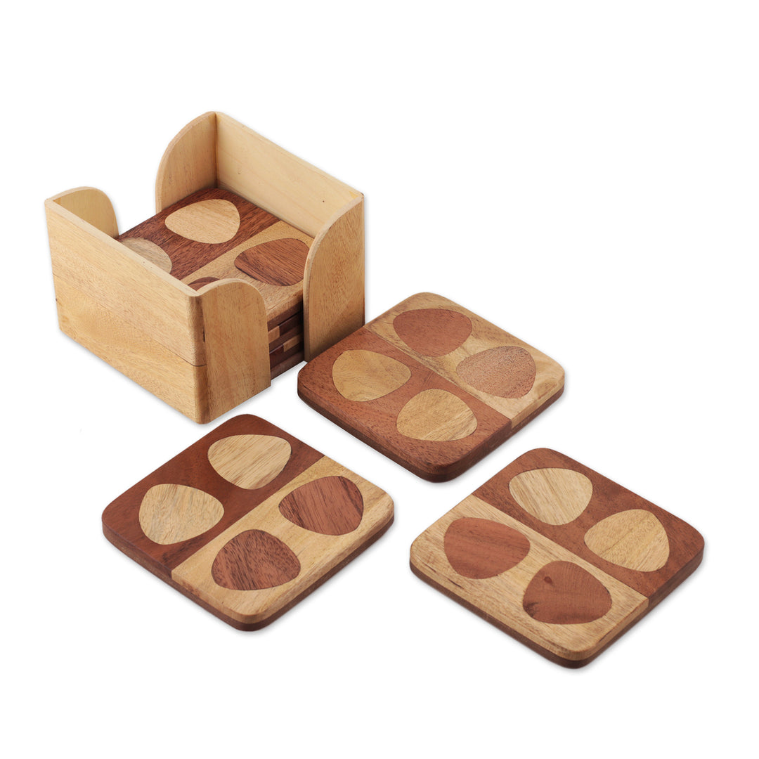 Set of 6 Handmade Mango and Haldu Wood Coasters from India - Mosaic of Petals