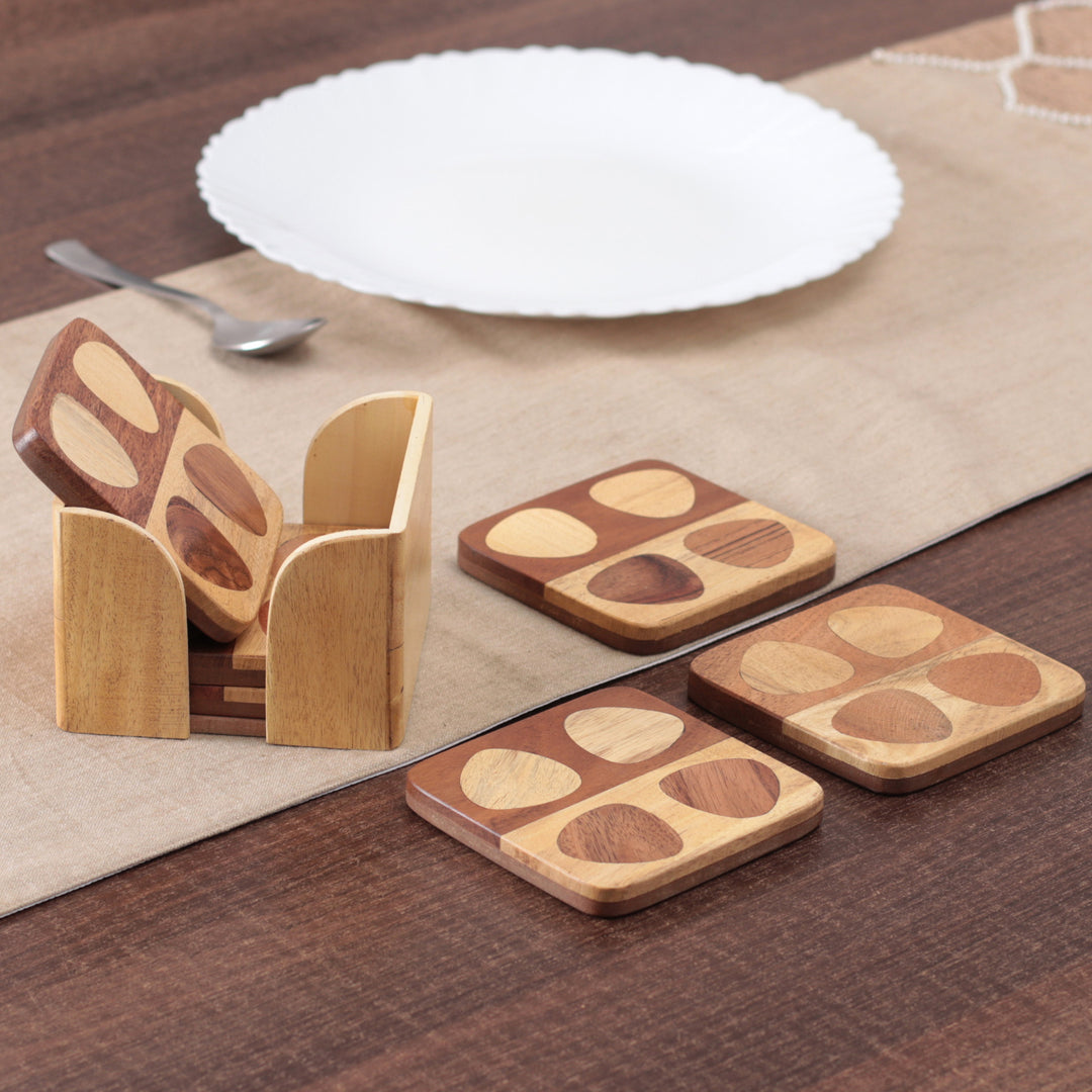 Set of 6 Handmade Mango and Haldu Wood Coasters from India - Mosaic of Petals