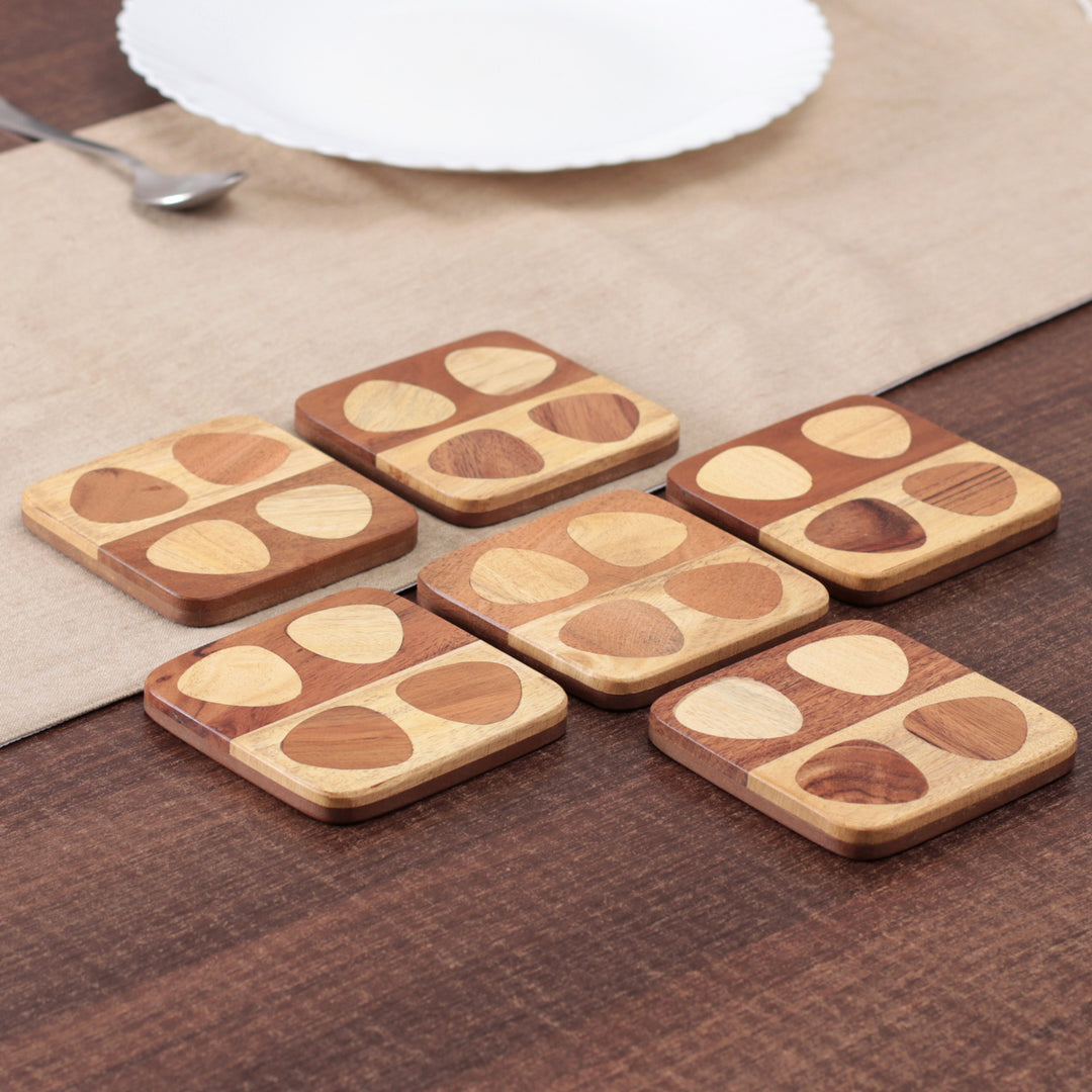 Set of 6 Handmade Mango and Haldu Wood Coasters from India - Mosaic of Petals