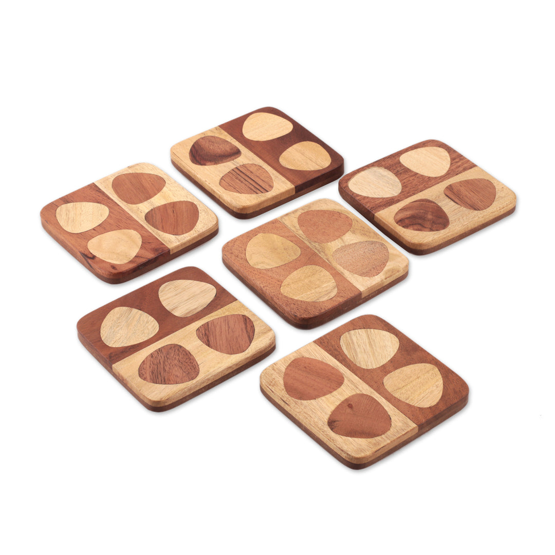 Set of 6 Handmade Mango and Haldu Wood Coasters from India - Mosaic of Petals