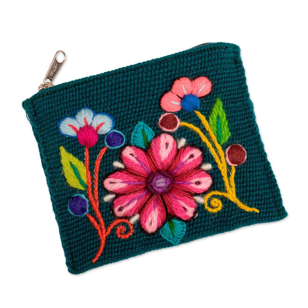 Artisan-Made Spring-Themed Viridian Alpaca Blend Coin Purse - Primaveral Viridian