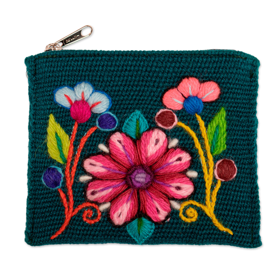 Artisan-Made Spring-Themed Viridian Alpaca Blend Coin Purse - Primaveral Viridian