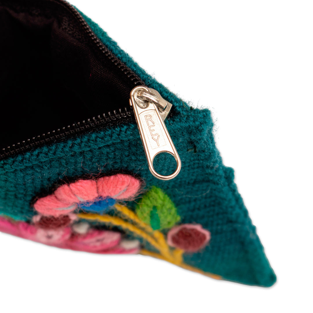 Artisan-Made Spring-Themed Viridian Alpaca Blend Coin Purse - Primaveral Viridian