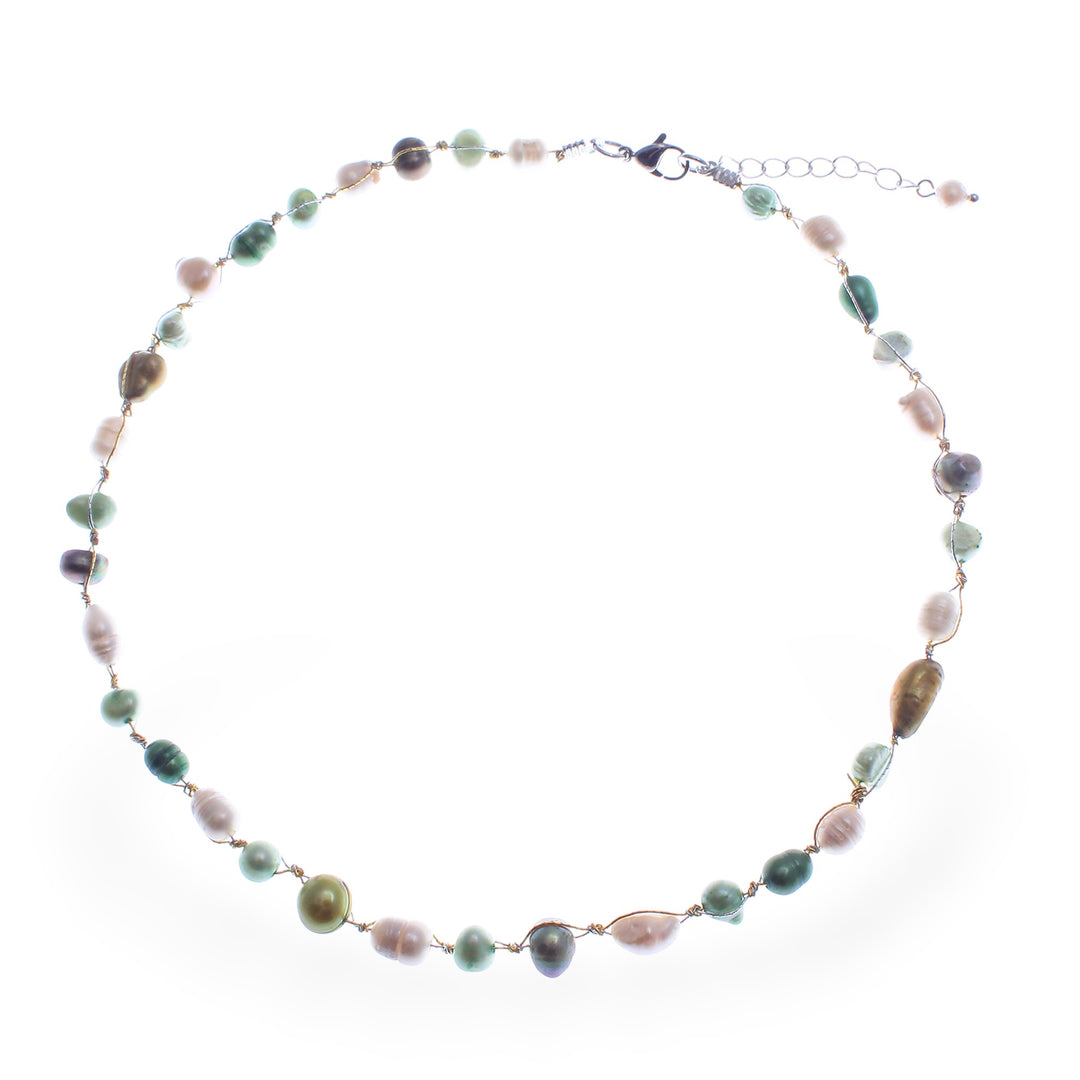 Beaded Necklace with Peacock Green and White Cultured Pearls - Lush Elegance