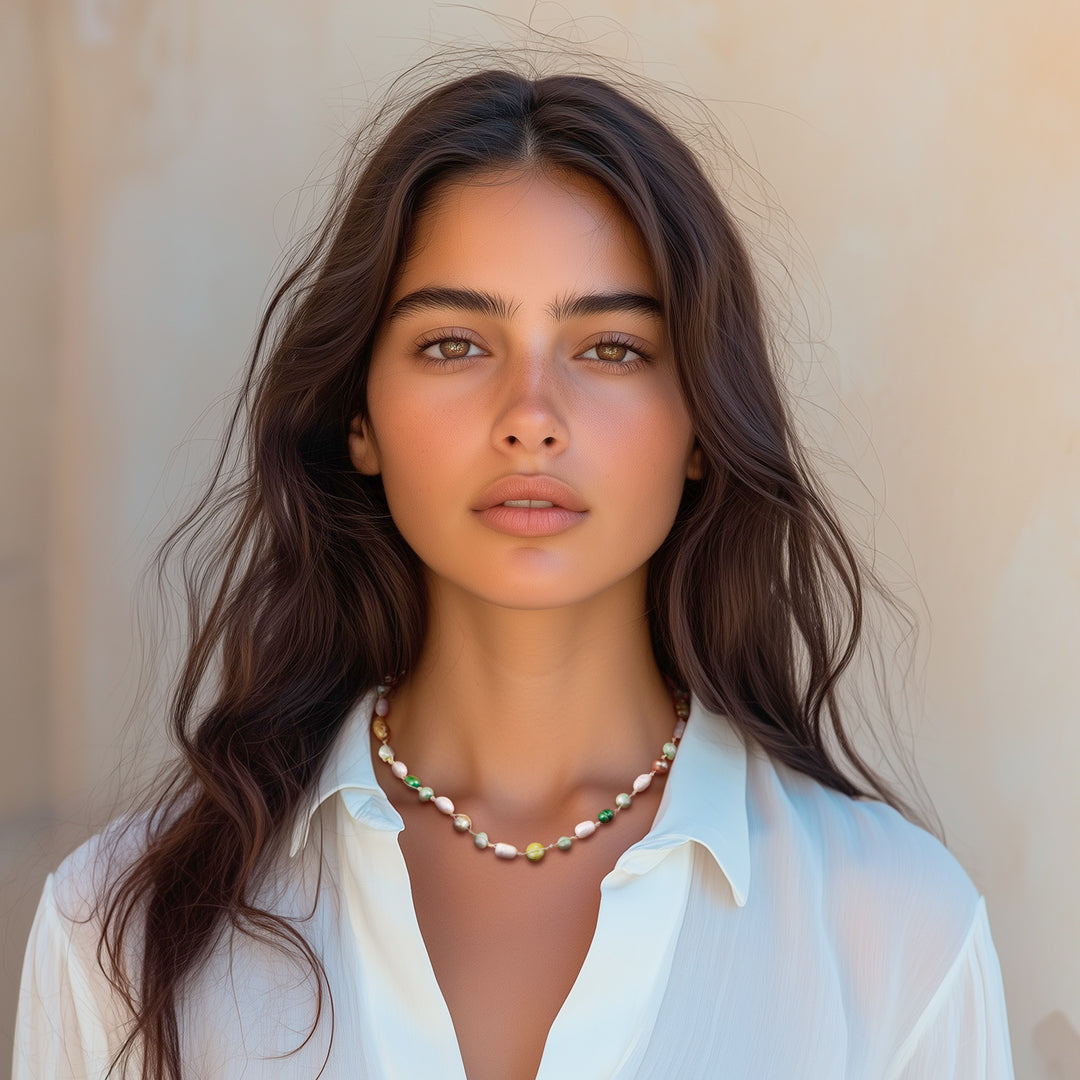 Beaded Necklace with Peacock Green and White Cultured Pearls - Lush Elegance