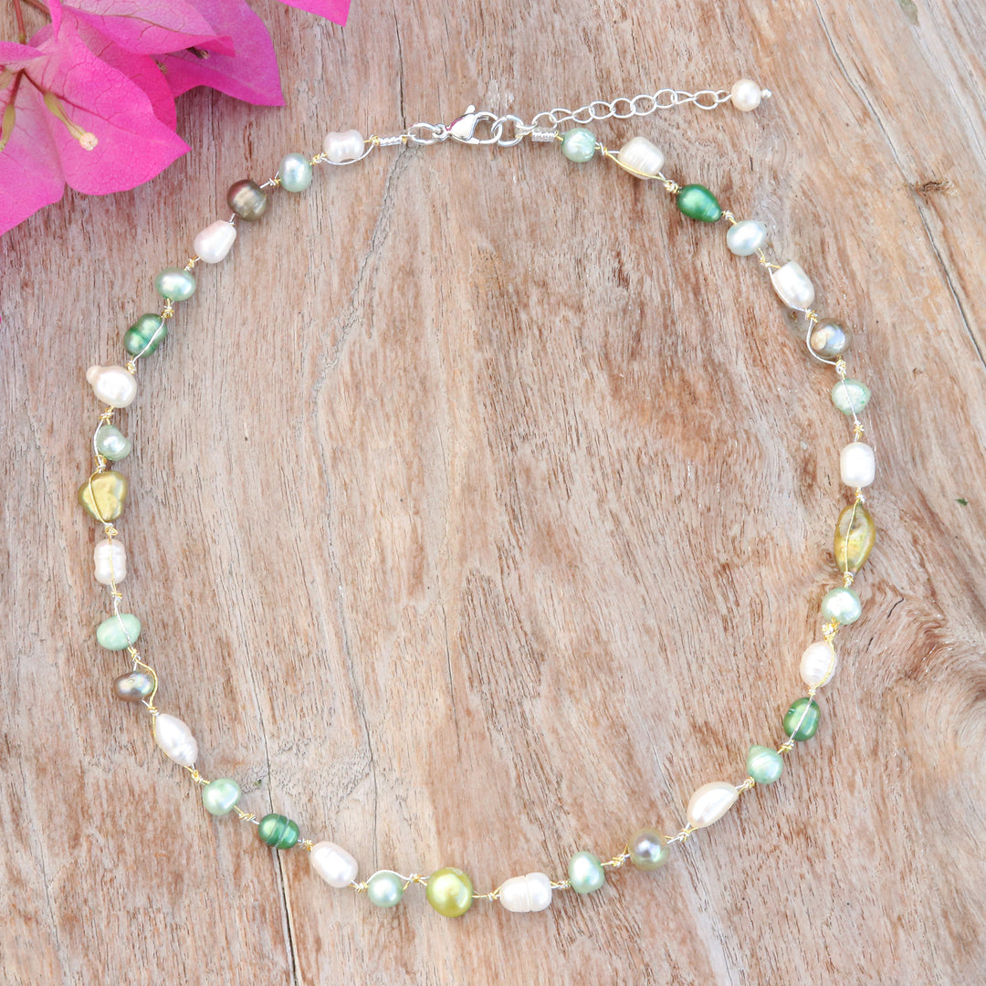 Beaded Necklace with Peacock Green and White Cultured Pearls - Lush Elegance