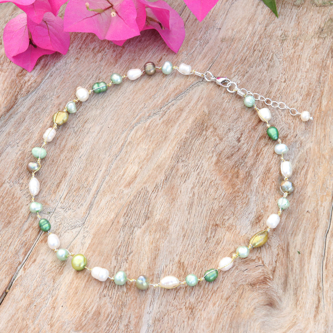 Beaded Necklace with Peacock Green and White Cultured Pearls - Lush Elegance