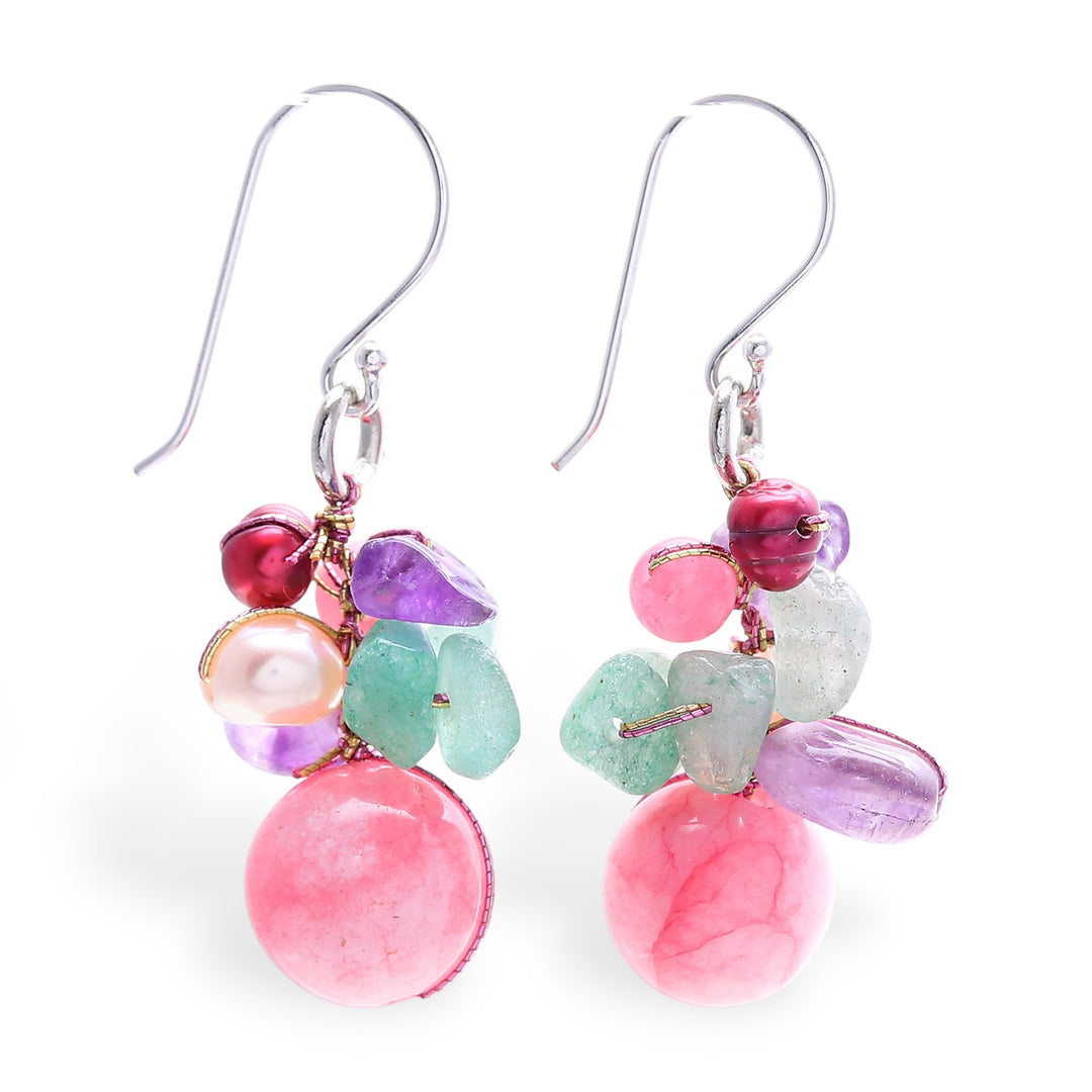 Artisan-Made Pink-Palette Multi-Gemstone Cluster Earrings - Thai Belle