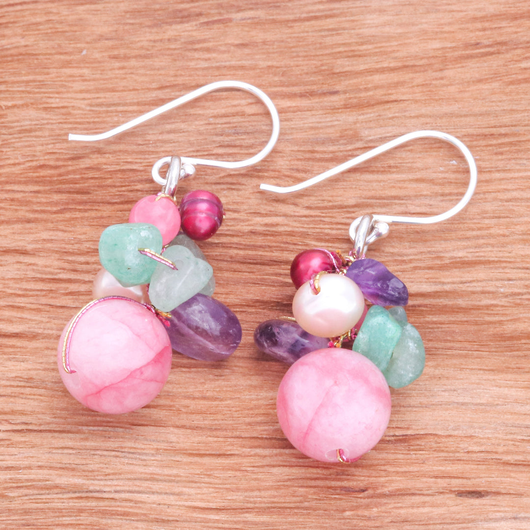 Artisan-Made Pink-Palette Multi-Gemstone Cluster Earrings - Thai Belle