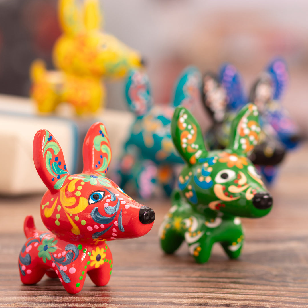Dog-Themed Red Ceramic Figurine with Hand-Painted Motifs - Cheerful Dog