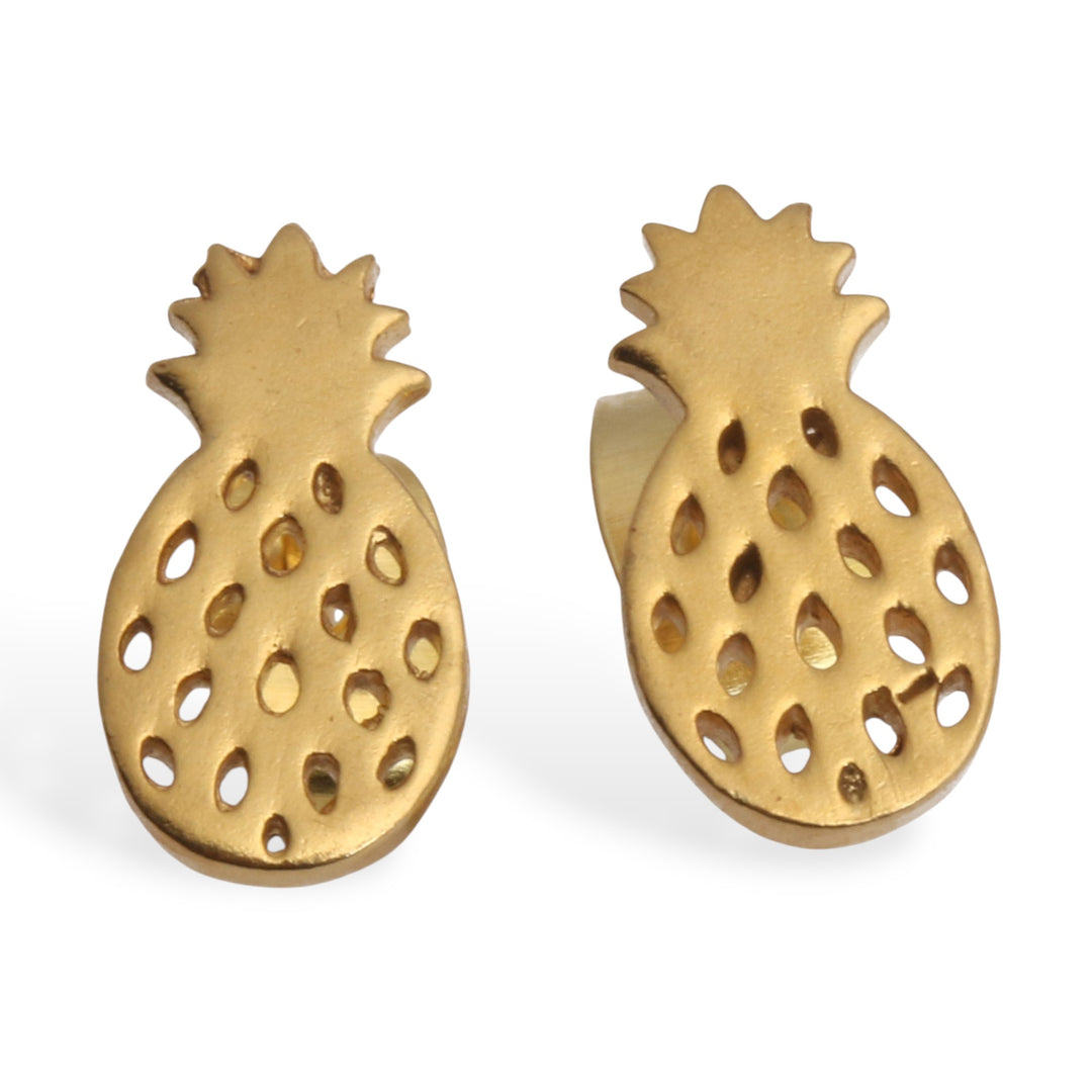 Openwork Pineapple-Themed Gold-Plated Brass Stud Earrings - Mini Pineapple