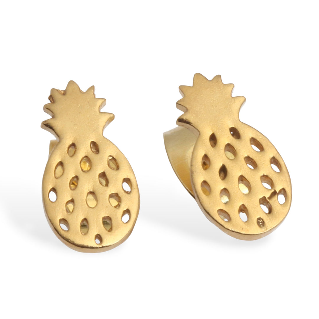 Openwork Pineapple-Themed Gold-Plated Brass Stud Earrings - Mini Pineapple