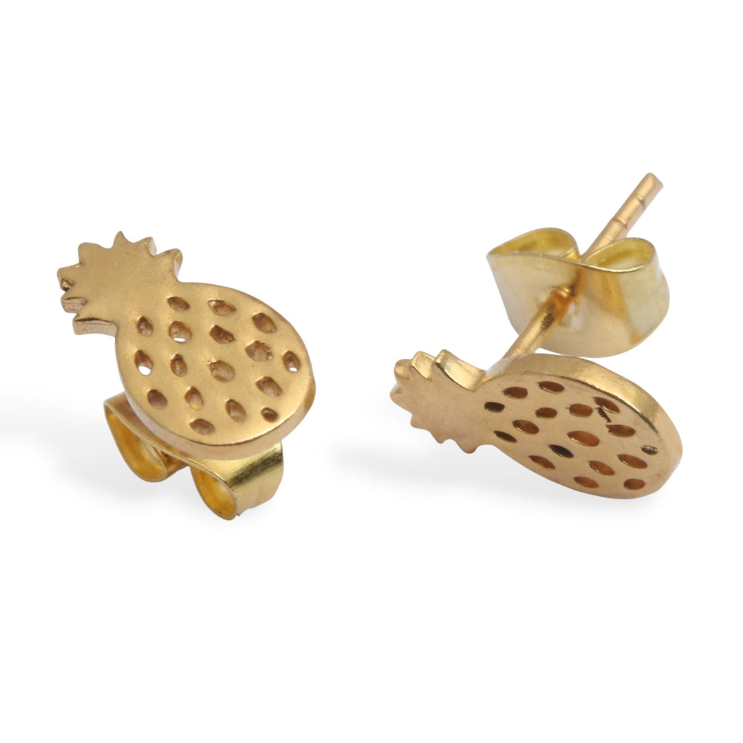 Openwork Pineapple-Themed Gold-Plated Brass Stud Earrings - Mini Pineapple