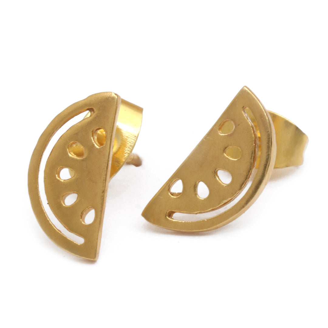 Watermelon Slice-Shaped Gold-Plated Brass Button Earrings - Sweet Watermelon