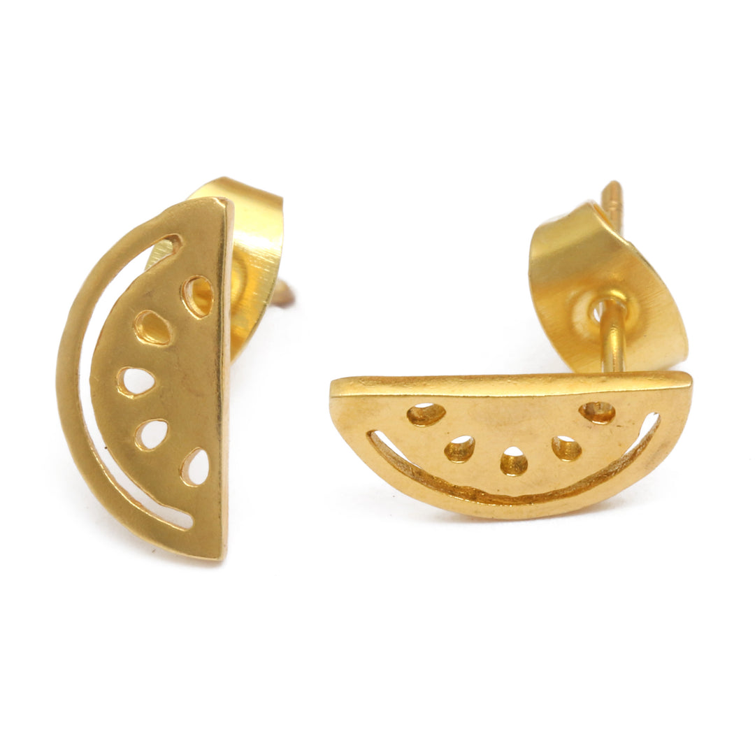 Watermelon Slice-Shaped Gold-Plated Brass Button Earrings - Sweet Watermelon