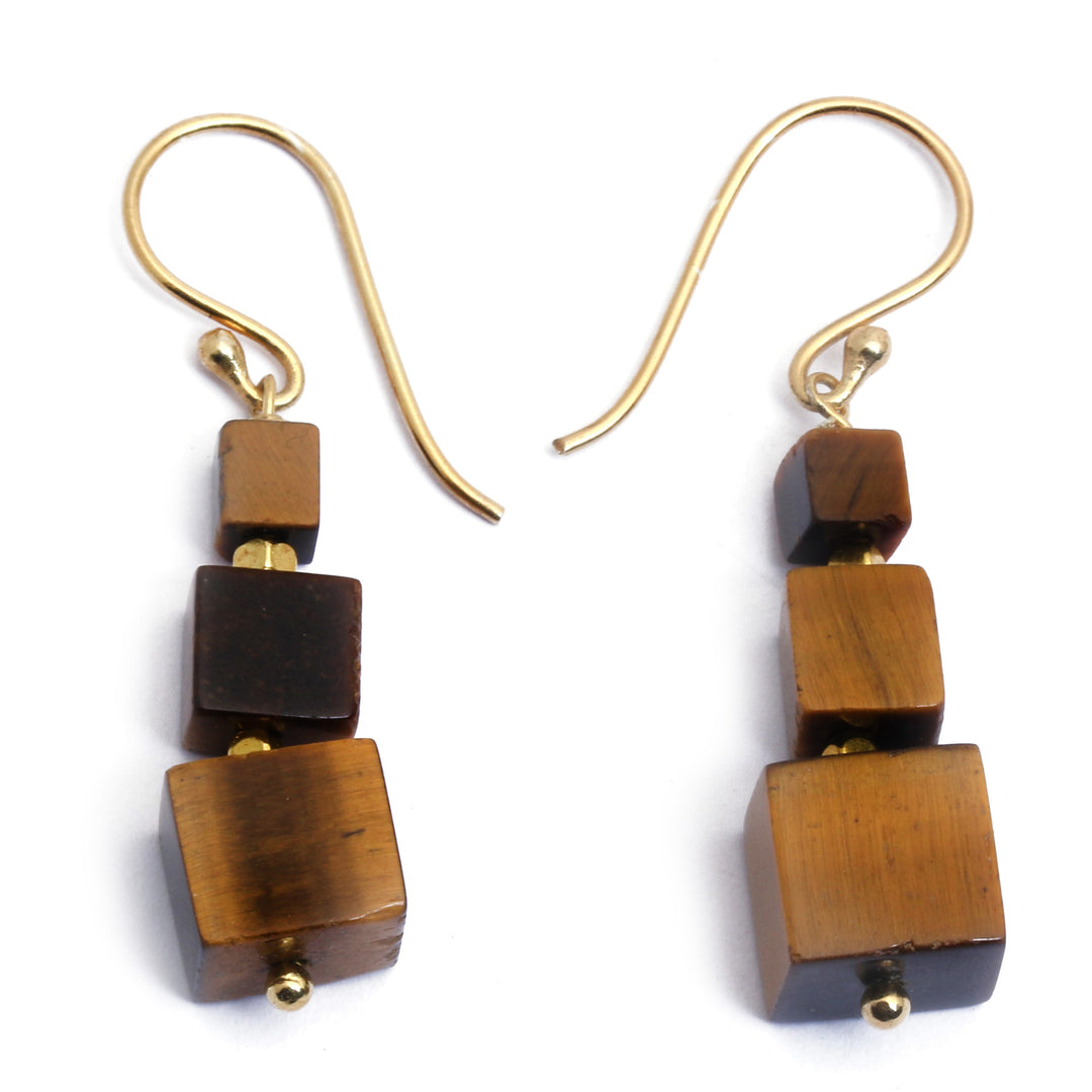 Dangle Earrings with Tiger's Eye and Gold-Plated Brass Beads - Classic Chocolate