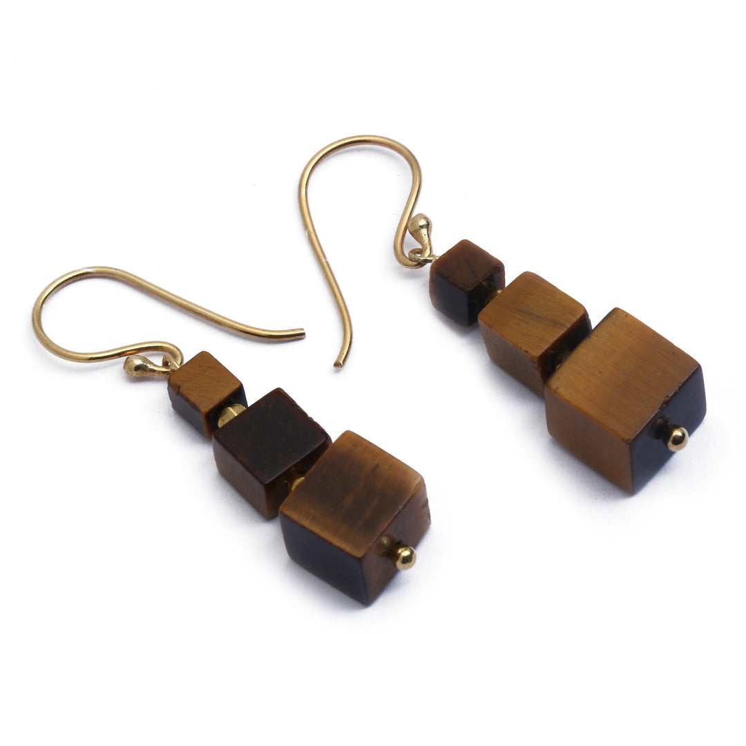 Dangle Earrings with Tiger's Eye and Gold-Plated Brass Beads - Classic Chocolate