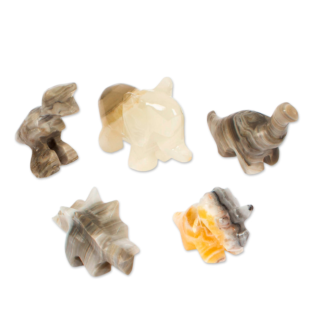 5 Dinosaur Mammoth Small Decorative Carved Marble Figurines - Prehistoric Family