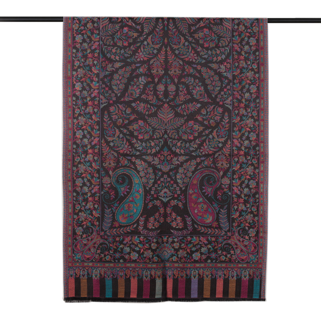 Multicolor Floral and Leafy-Patterned Fringed Modal Shawl - Midnight Delhi