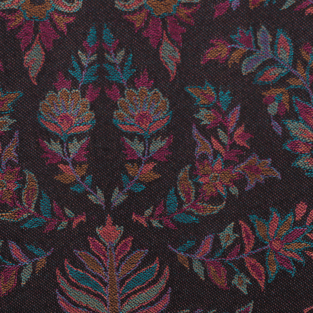 Multicolor Floral and Leafy-Patterned Fringed Modal Shawl - Midnight Delhi