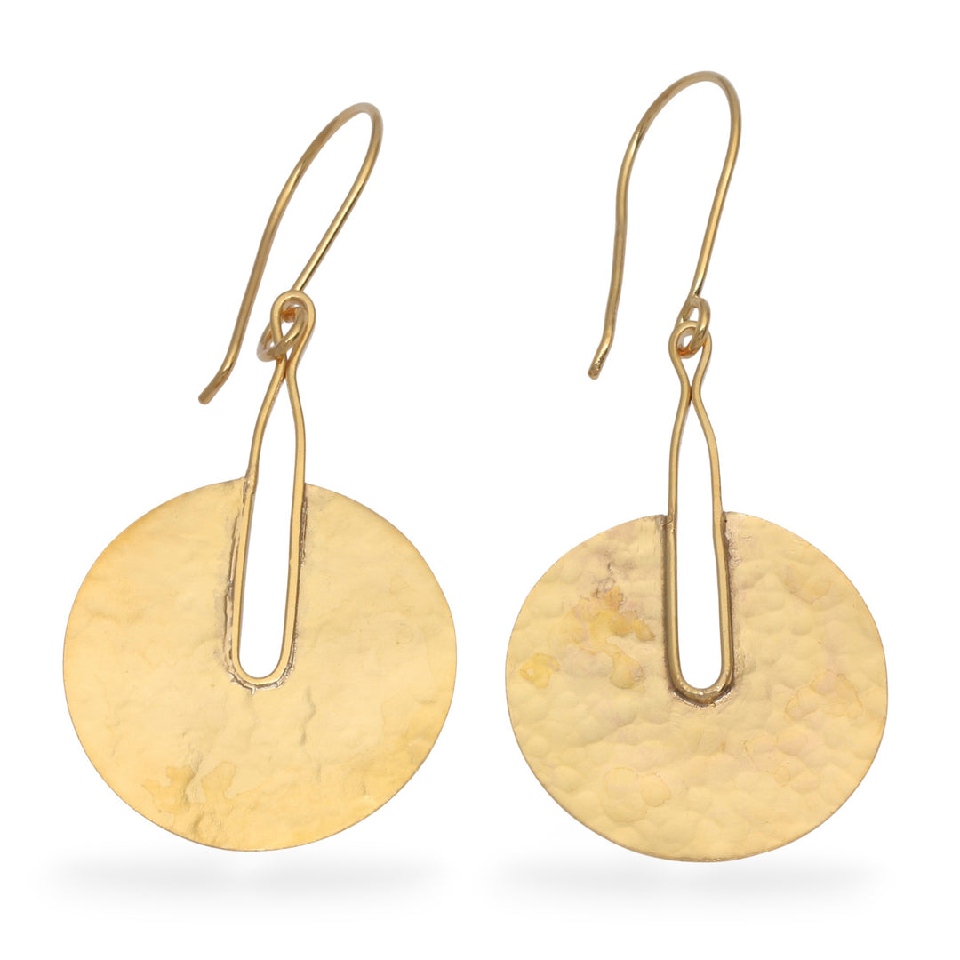 Balinese-Inspired 18k Gold-Plated Hammered Dangle Earrings - Wheel of Triumph