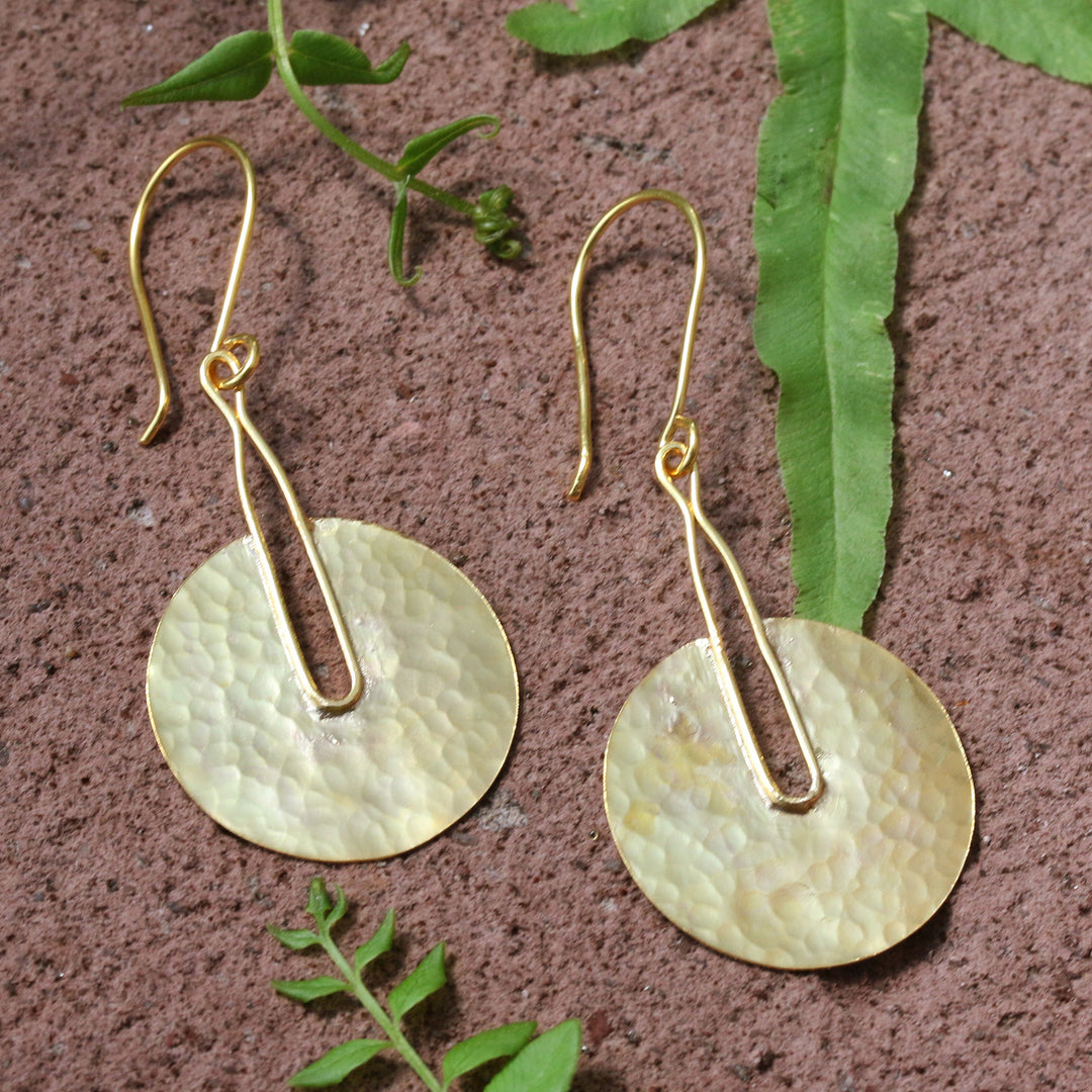 Balinese-Inspired 18k Gold-Plated Hammered Dangle Earrings - Wheel of Triumph