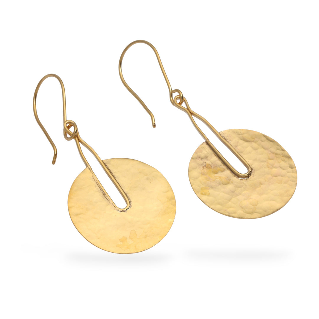 Balinese-Inspired 18k Gold-Plated Hammered Dangle Earrings - Wheel of Triumph
