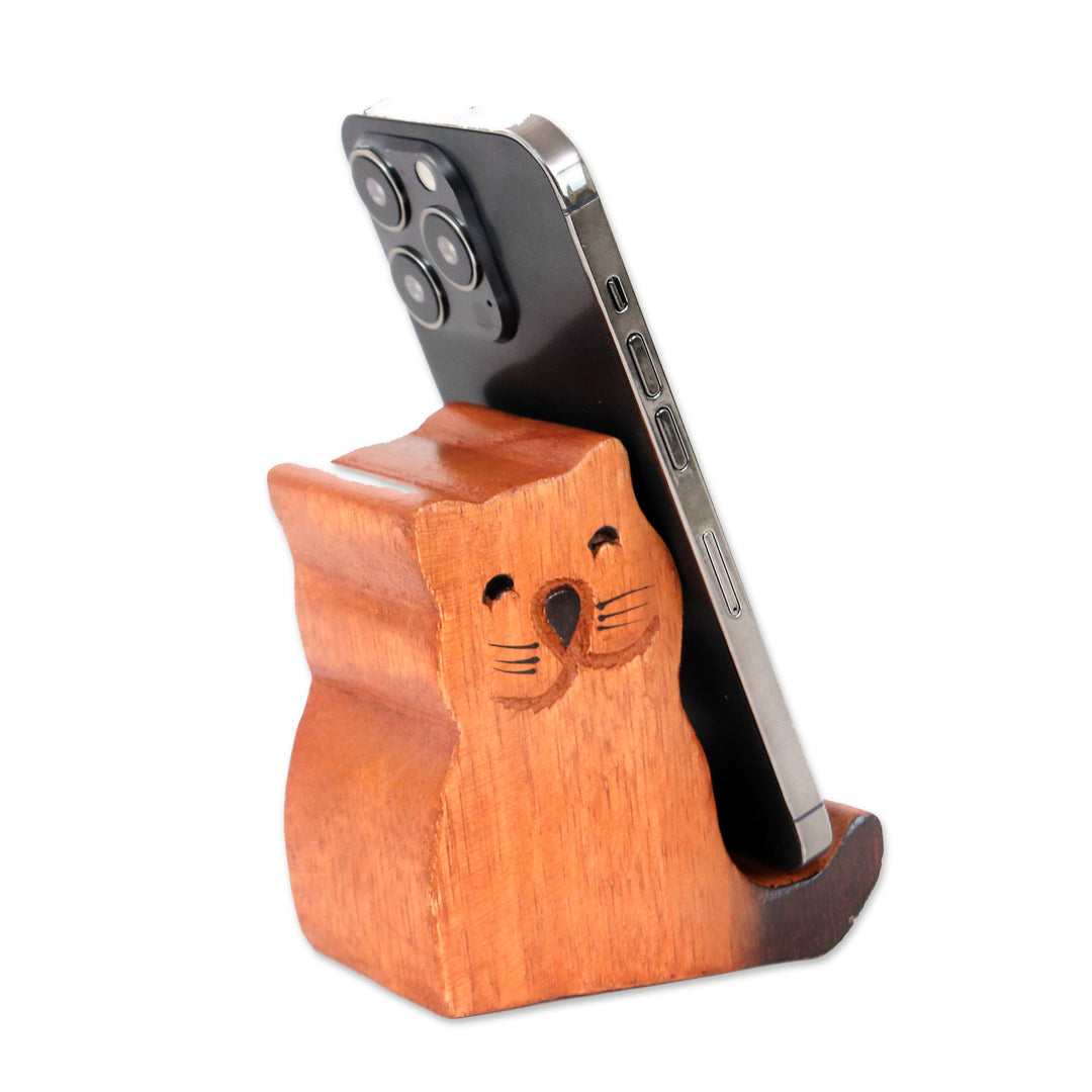 Whimsical Cat-Themed Hand-Carved Raintree Wood Phone Holder - Feline Assistant