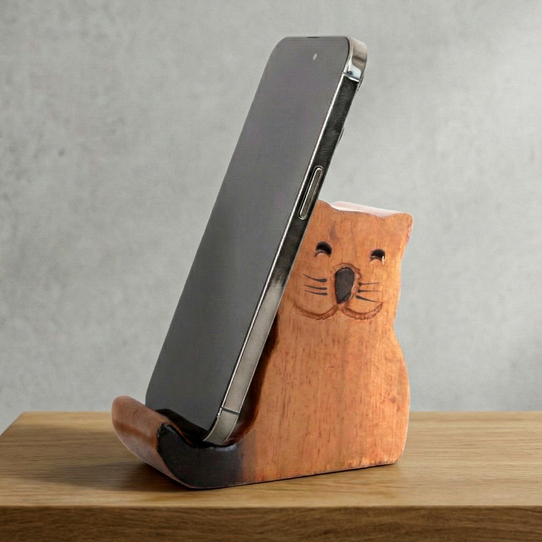 Whimsical Cat-Themed Hand-Carved Raintree Wood Phone Holder - Feline Assistant