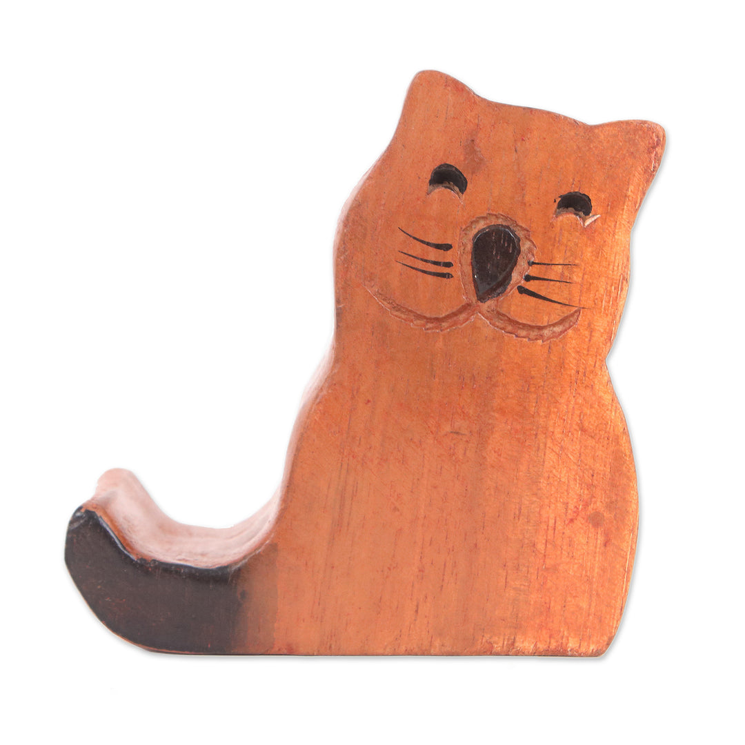 Whimsical Cat-Themed Hand-Carved Raintree Wood Phone Holder - Feline Assistant