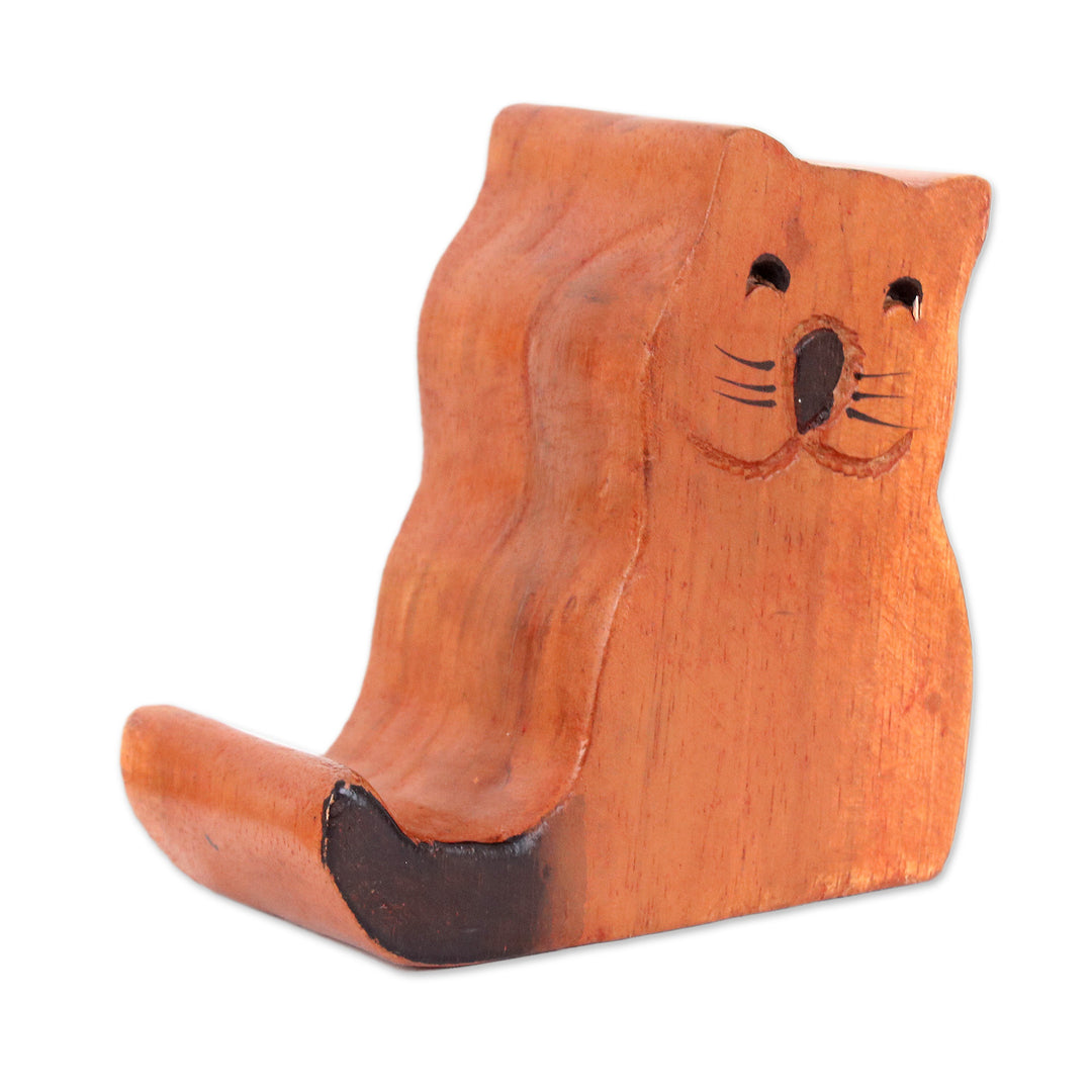 Whimsical Cat-Themed Hand-Carved Raintree Wood Phone Holder - Feline Assistant