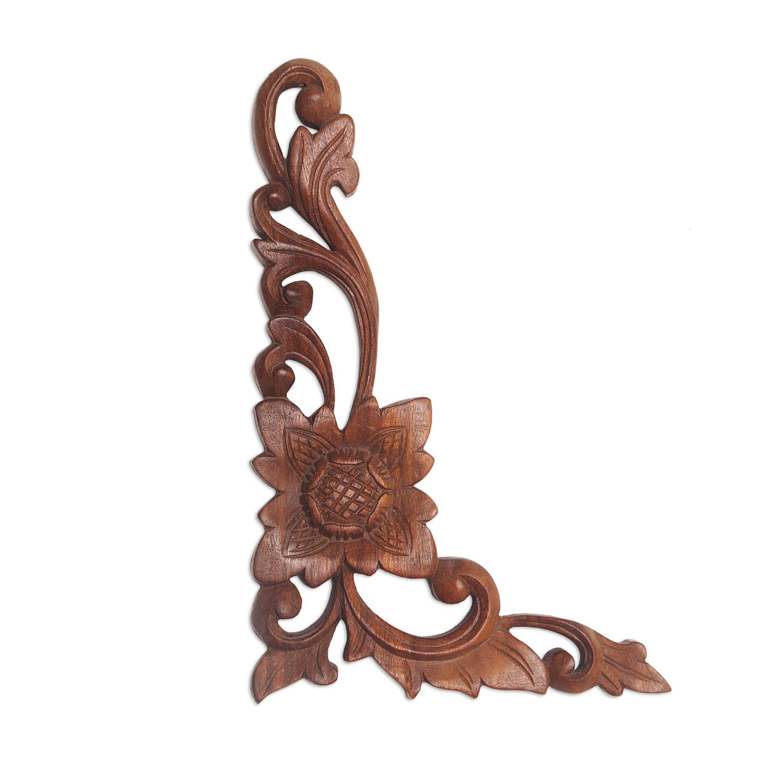 Hand-Carved Floral Suar Wood Relief Panel from Bali - Climbing Flower