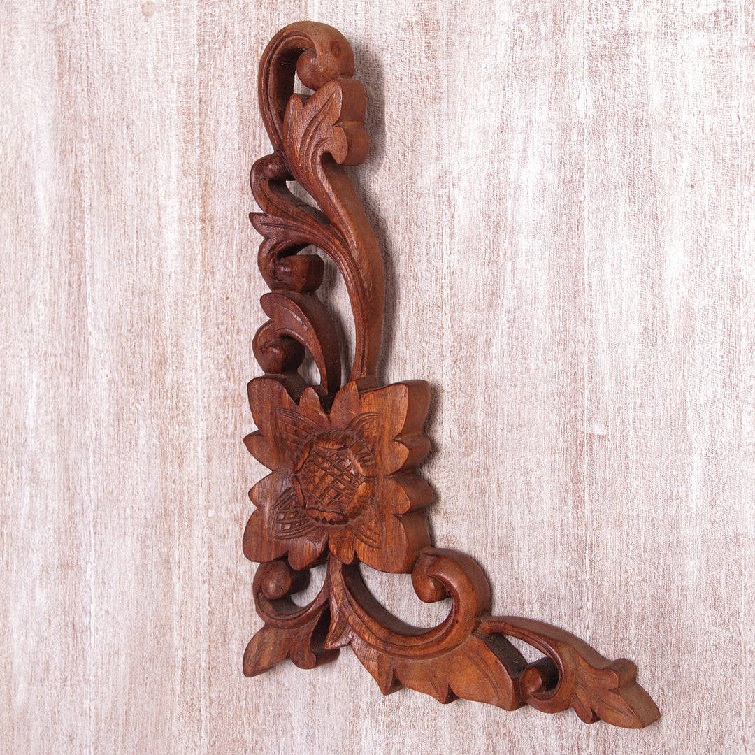Hand-Carved Floral Suar Wood Relief Panel from Bali - Climbing Flower