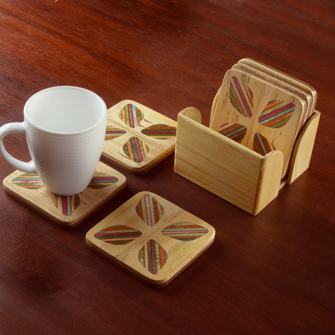 Hand-Carved Floral 6-Piece Mango and Haldu Wood Coaster Set - Petal Celebration